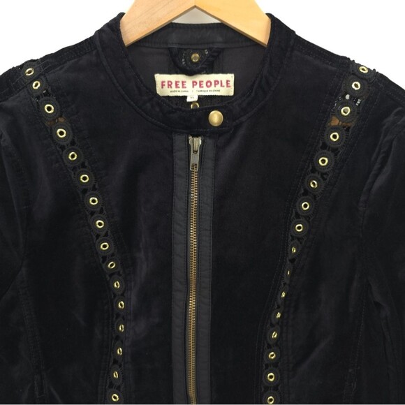 Free People Margot Black Velvet Jacket Lace Inset Grommets Regency Core Zip Up - Picture 5 of 16